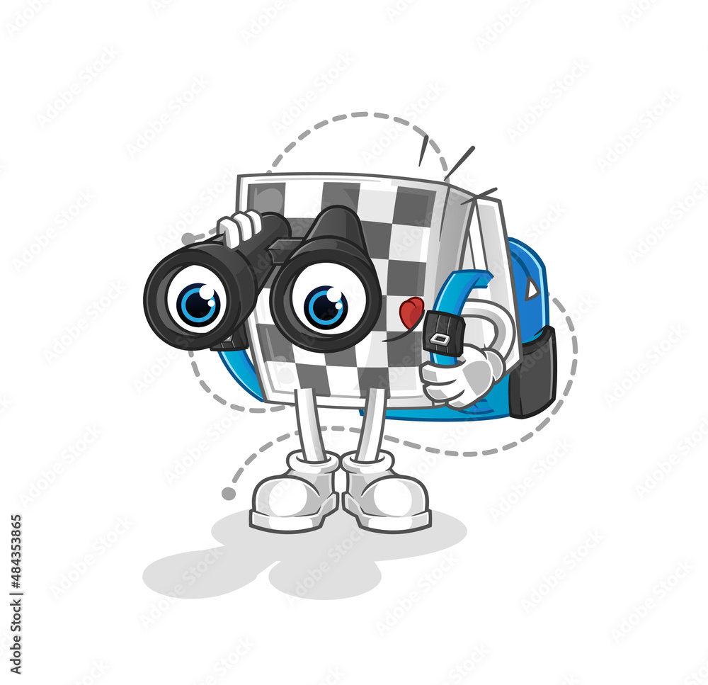 Fototapeta premium chessboard with binoculars character. cartoon mascot vector