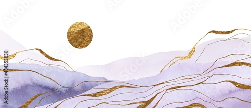 Abstarct watercolor background in violet shades. Golden sun, waves, lines. Elegant, chic wall art print, backdrop