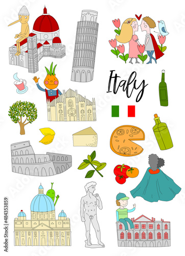 Print. Big vector set of landmarks of Italy.
