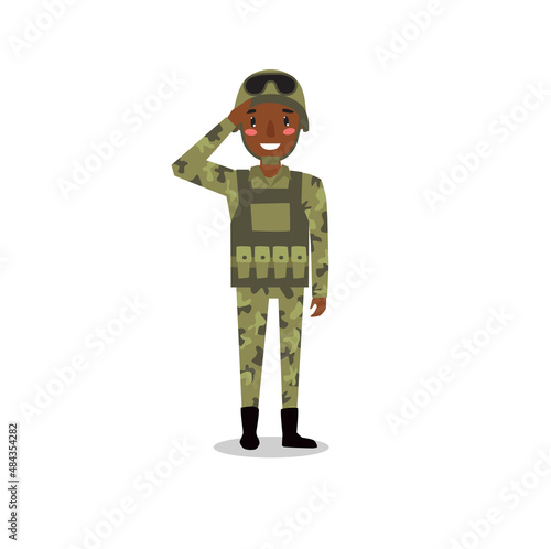 Print. Vector military soldier. African American military man. Cartoon character
