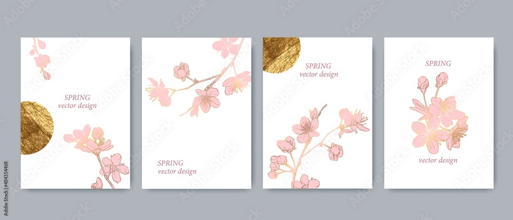 Set of spring backgrouds with sakura branch and golden circle, sun. Cherry blossoms. Set of spring backgrouds with sakura branch and golden circle, sun. Cherry blossoms.