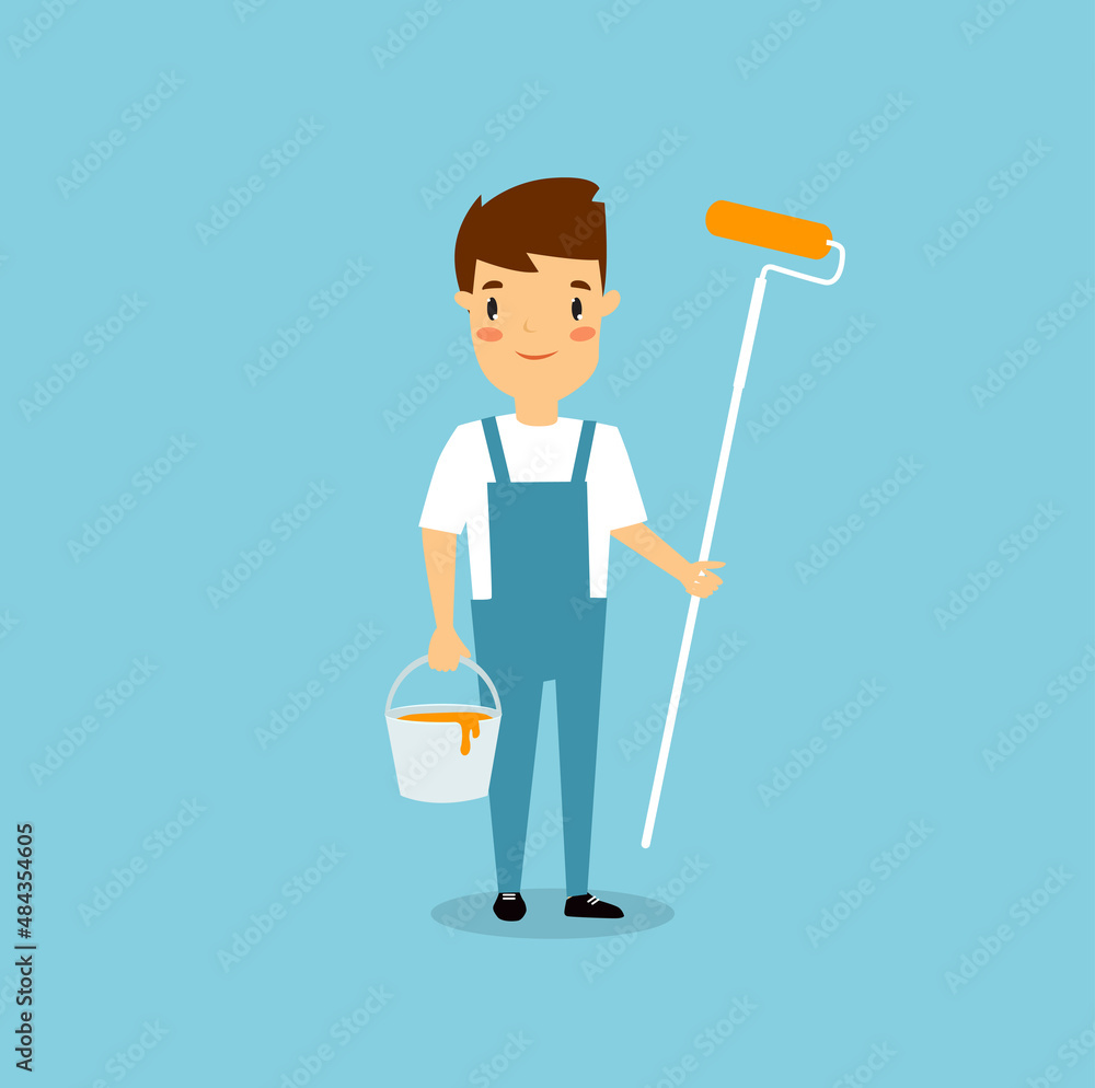 Print. Vector cartoon painter with paint roller and bucket
Print. Vector cartoon painter with paint roller and bucket