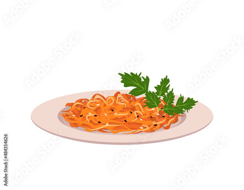 Grated orange carrot salad with sesame seeds and parsley leaves on plate. Delicious and healthy food with vitamins, Korean dish. Vector flat illustration