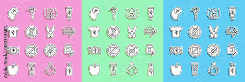 Set line Organic cosmetic, Vegan milk, food diet, Leaf or leaves, No pack of, shirt, Human head with leaf inside and Animal cruelty free icon. Vector