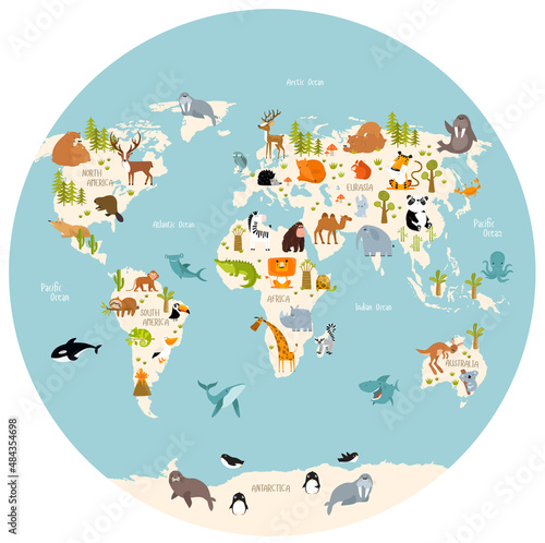 Fototapeta Mapa świata ze zwierzętami z kreskówek dla dzieci. Eurazja, Ameryka Południowa, Ameryka Północna, Australia i Afryka.