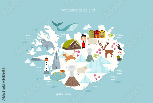 Print. Iceland vector map. Animals and sights of Iceland. Reykjavik
