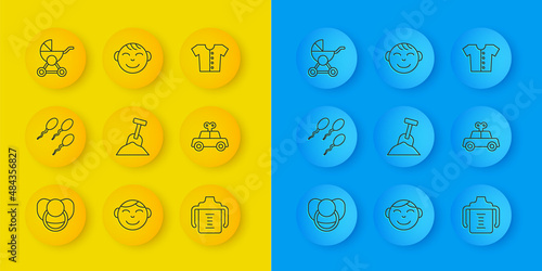 Set line Baby dummy pacifier, Sperm, Sandbox with sand and shovel, bottle, Toy car, stroller, t-shirt and Little boy head icon. Vector