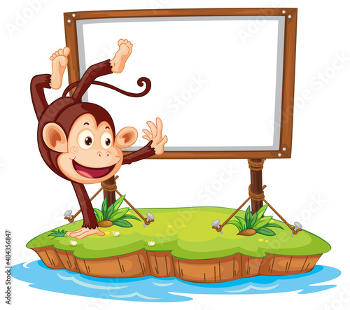 Dancing monkey with blank board on white background