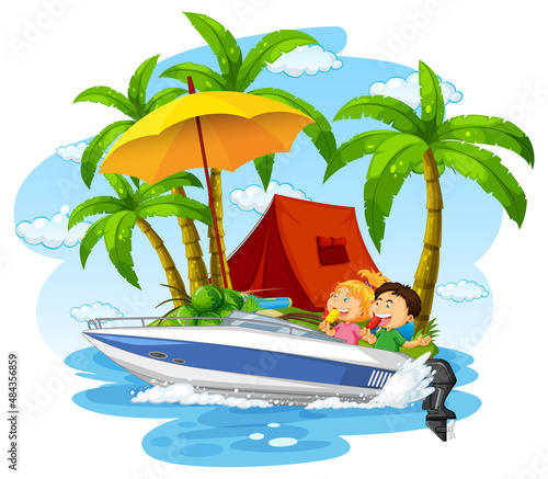 Isolated island with children on speedboat