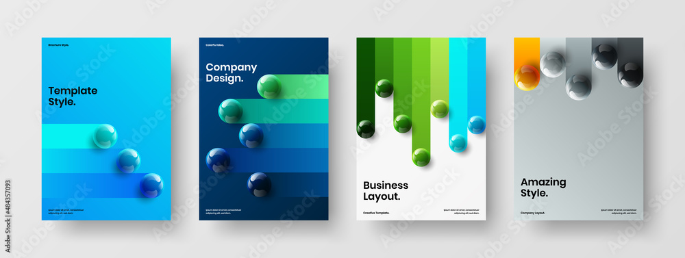 Multicolored company brochure design vector illustration set. Modern 3D balls banner layout collection.
