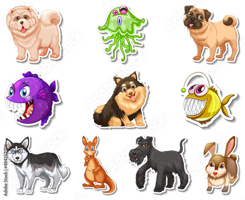 Set of stickers with sea animals and dogs cartoon characters