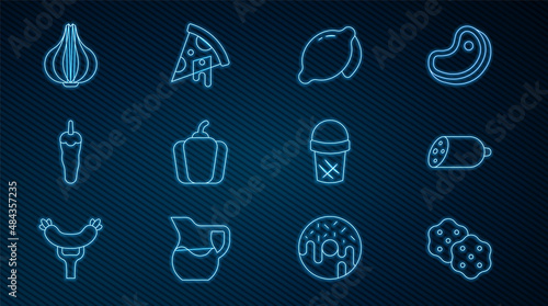 Set line Cracker biscuit, Salami sausage, Lemon, Bell pepper, Hot chili, Garlic, Ice cream in waffle and Slice of pizza icon. Vector