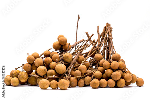 Bunch of Longan isolated on a white background, It's tropical and subtropical fruit plant, ripe fruit is brown, the flesh is white, seed is black, the fruit is juicy, sweet and refreshing.