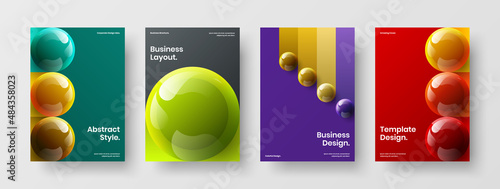 Original realistic spheres annual report illustration set. Multicolored journal cover vector design layout composition.
