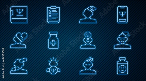 Set line Antidepressants, Concussion, headache, Solution problem in psychology, Sedative pills, Broken heart or divorce, Psychology book, Human with question mark and Psychological test icon. Vector