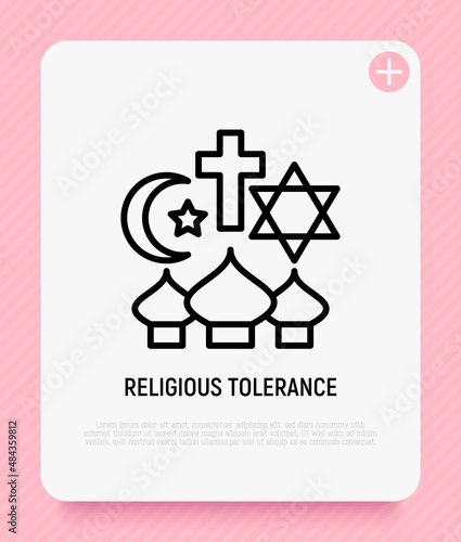 Religious tolerance thin line icon, interfaith respect. Modern vector illustration of peace and understanding between islam, christianity and judaism.
