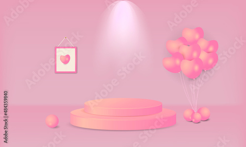 simple realistic 3D Podium and heart balloons pink wall background feminine © Saferizen