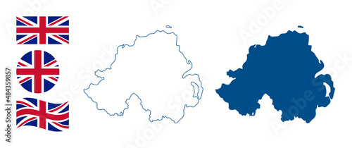 Northern Ireland map. Detailed blue outline and silhouette. Country flag. Set of vector maps. All isolated on white background. Template for design and infographics.