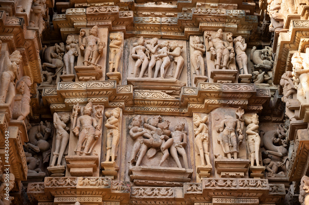 KANDARIYA MAHADEV TEMPLE:  Erotic Sculptures, South wall, Mandapa and Sanctuary, Western Group, Khajuraho, Madhya Pradesh, India