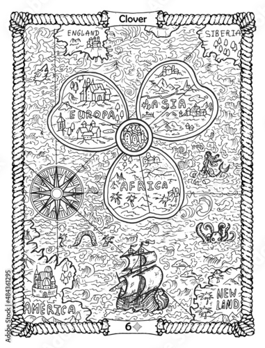 Clover card from the oracle Old Marine Lenormand deck with ancient map.  Nautical vintage background, coloring book page, t-shirt and tattoo vector graphic, pirate adventures concept.
