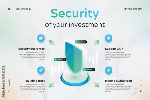 Security of investment blockchain: bitcoin, yuan, ruble. Income protection concept with shield symbol. Risk averse, financial safety, and business insurance. Conceptual vector illustration. Eps 10