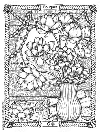 Bouquet card from the oracle Old Marine Lenormand deck with flowers of lotus on table. Nautical vintage background, coloring book page, t-shirt and tattoo vector graphic, pirate adventures concept.