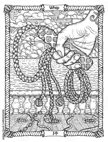 Whip card from the oracle Old Marine Lenormand deck with the sailor's hand. Nautical vintage background, coloring book page, t-shirt and tattoo vector graphic, pirate adventures concept.