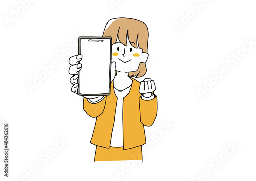 スマホの画面をコチラに見せている女性　コミカルな手書きの人物　ベクター、線画にシンプルな色つけ　