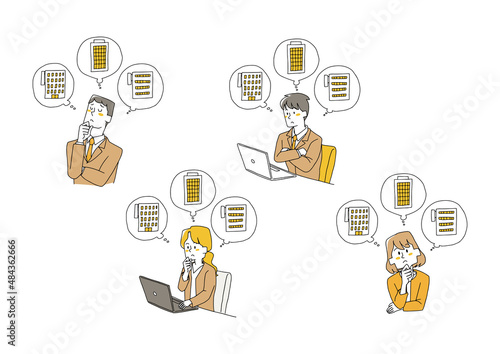 転職先を考えている人々のセット コミカルな手書きの人物　ベクター、線画にシンプルな色つけ　