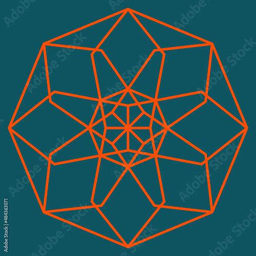 Geometric line art design of connected polygon shapes inside an octagon in bright orange outline color on a dark teal blue background, vector illustration