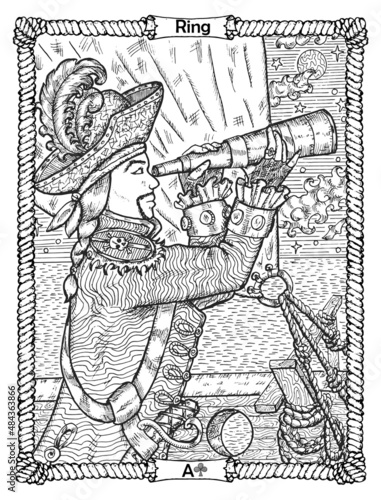 Ring card from the oracle Old Marine Lenormand deck with captain lookin at spy glass. Nautical vintage background, coloring book page, t-shirt and tattoo vector graphic, pirate adventures concept.