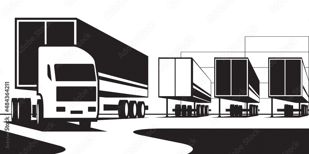 Truck with container exits cargo terminal – vector illustration