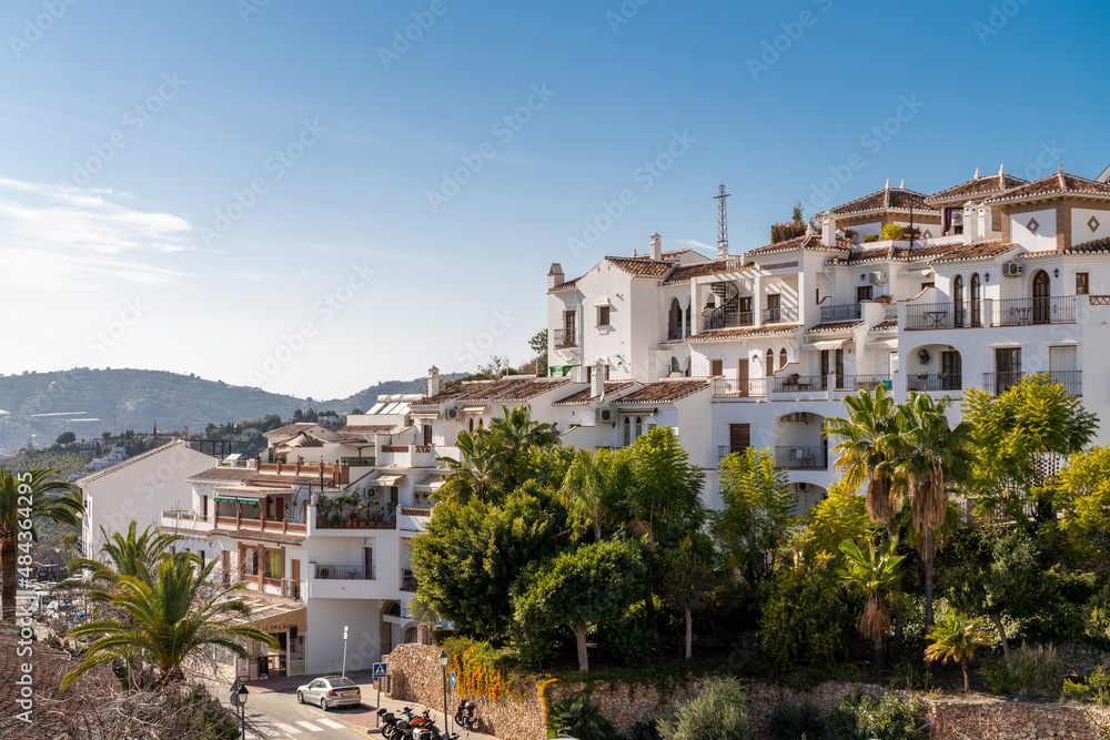 FRIGILIANA, SPAIN - January 28 2022: Situated in South of Spain, Frigiliana is a touristic travel destination, a village situated on the hills, with white houses, small roads. Typically Andalusian 
