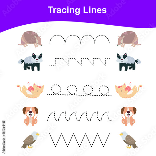 Fototapeta Naklejka Na Ścianę i Meble -  Tracing Lines Game Animals Edition. Educational worksheet. Worksheet activity for preschool kids. Preschool Education. Vector illustration. 