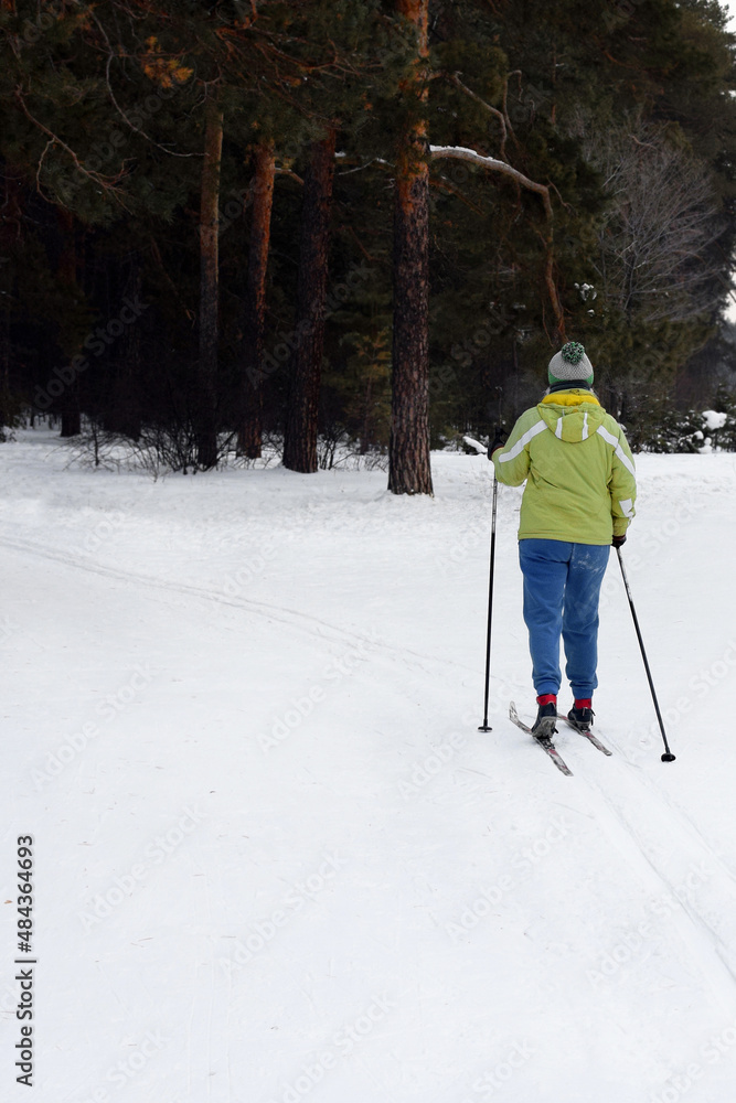 Image of a woman skiing on a blurred background of a snowy forest. Winter sport. Vertical image.