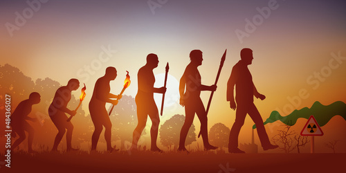 Concept de la catastrophe écologique avec le symbole de l’évolution de l’homme de Darwin qui aboutit à un homme hospitalisé.