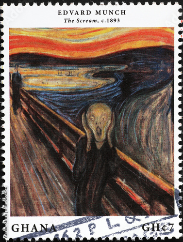 Stampa su tela The scream by Edvard Munch celebrated on african stamp