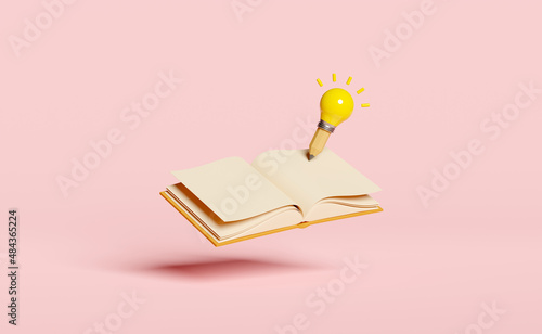 yellow light bulb with pencil, open book isolated on pink background. idea tip education, knowledge creates ideas concept, minimal abstract, 3d illustration, 3d render photo