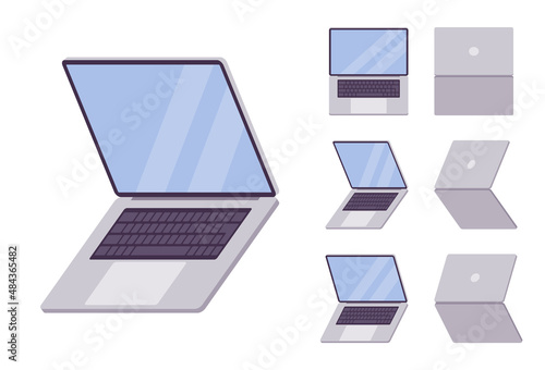 Business laptop floating, notebook computer, small portable gadget. Open screen, slim silver design. Vector flat style cartoon illustration isolated, white background, different views and position