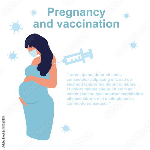 Pregnant woman at the doctor, an injection Covid-19 vaccine to momduring pregnancy, vaccinations, pregnancy health. Medical health care for pregnancy concept. Flat cartoon illustration 