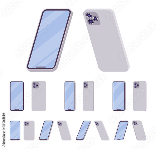 Smartphone, unlocked cellphone, mobile phone without power button. Vertical silver metallic device. Vector flat style cartoon illustration isolated, white background, different views and positions