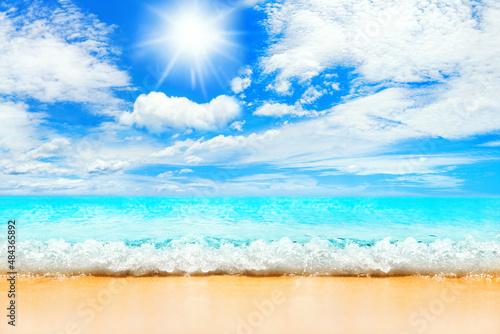 Fototapeta Naklejka Na Ścianę i Meble -  Beautiful tropical island beach panorama, turquoise sea water, ocean wave splash, yellow sand, sun blue sky white clouds, summer holidays, vacation concept, travel, Caribbean landscape panoramic view