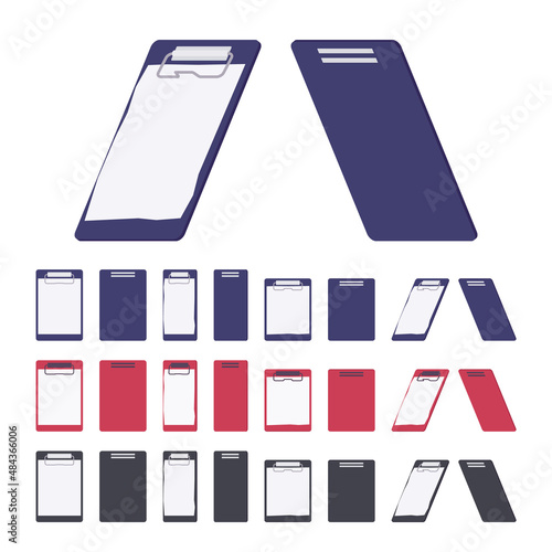 Office clipboard hardboard vertical set, portable writing letter size. Home, school stationery. Vector flat style cartoon illustration isolated, white background, different colors, views and position