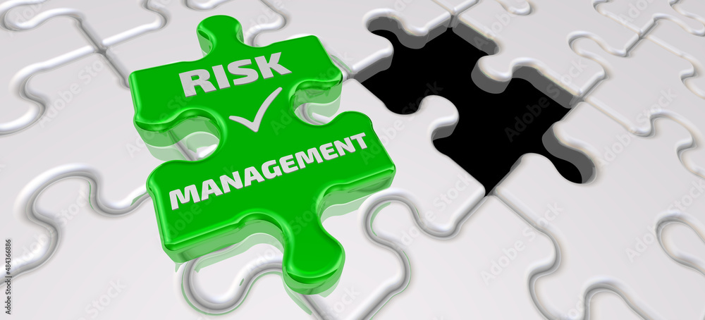 Risk management. Final piece of the puzzle. Folded white puzzles elements and one final green piece of the puzzle with text RISK MANAGEMENT and check mark. 3D illustration Risk management. Final piece of the puzzle. Folded white puzzles elements and one final green piece of the puzzle with text RISK MANAGEMENT and check mark. 3D illustration
