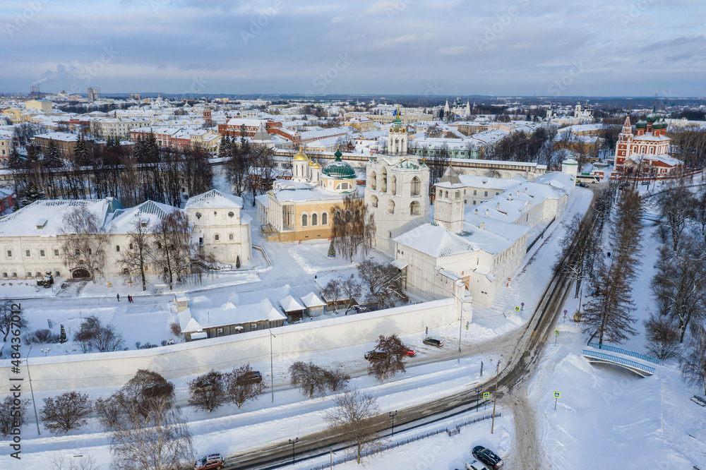 The Kremlin - the historical center of the ancient Russian city of Yaroslavl in winter. Aerial view.