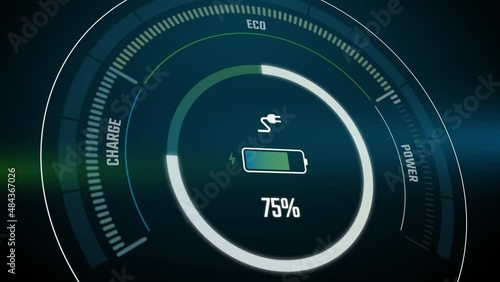Battery charging digital display animation showing process of electric car battery charging. The charge indicator shows the progress of charging an electric car.