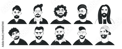 Set of doodle men face avatars with mustache and beard. Collection of trendy hipster guy portrait. Black and white flat vector illustration isolated on white background. Fashion bearded man faces