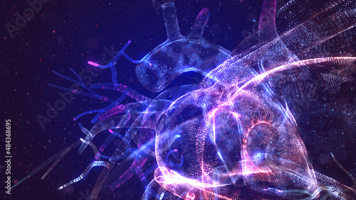 Glowing human heart made of neon particles. Bright magic heart health concept art in modern abstract style consists of colorful dots. 3d illustration.