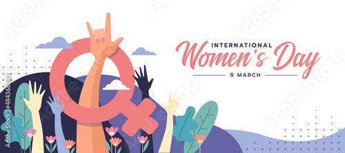 international women's day - Fist hand woman with Love You Hand Sign and female symbol around on abstract curve purple texture background vector design