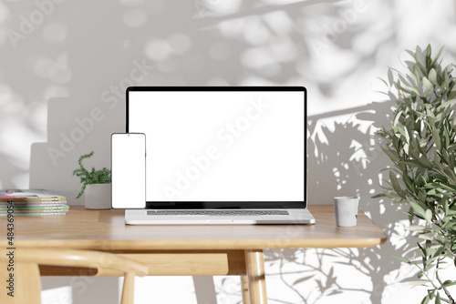 Obraz na płótnie Homeworking office with device - 3d rendering w salonie